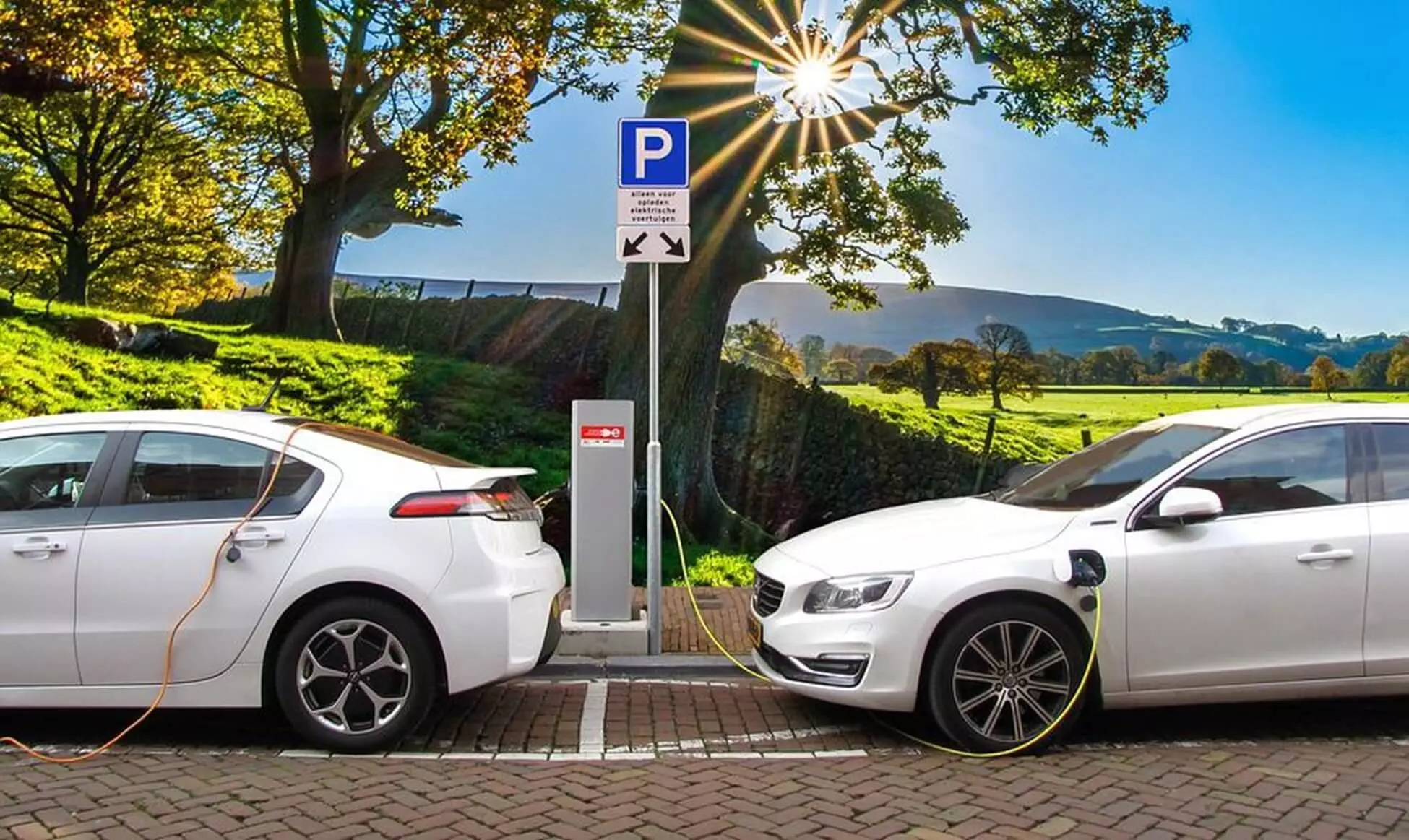 Two electric cars charging at a public charging station